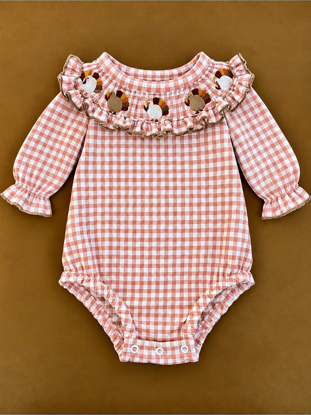 mud pie Smocked Turkey Baby Bubble Gingham Bodysuit 3-6M